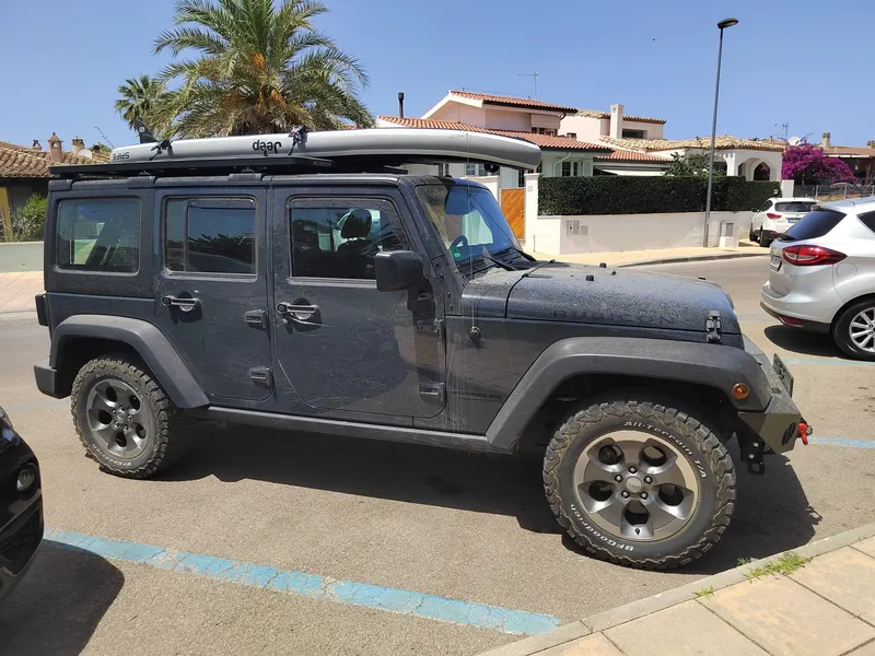 Grauer Jeep Wrangler auf einem Parkplatz unter Palmen